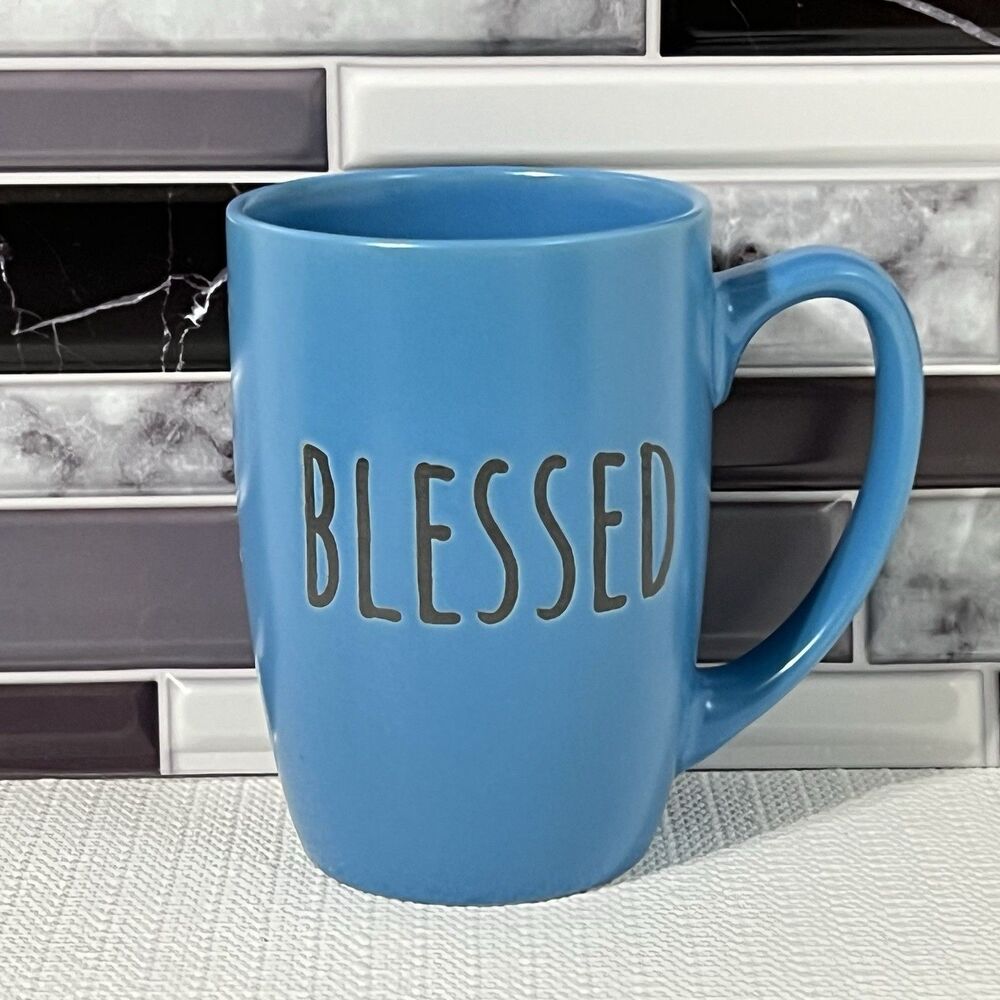 BLESSED Ceramic Coffee Mug Blue 16 oz Positive Affirmation Tea Lover Gift